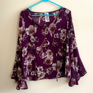 Sadie & Sage Purple Floral Tie Neck Bell Sleeve Top